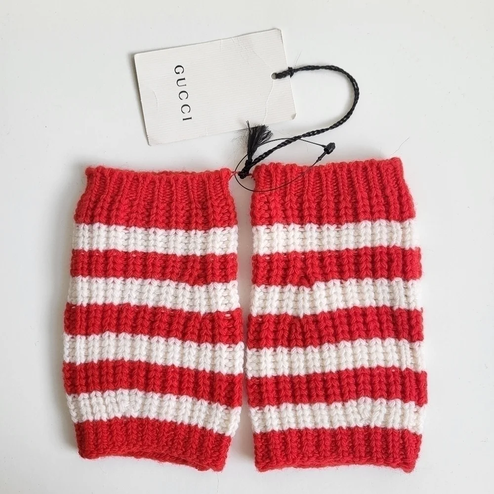 New Gucci 100% Wool Knit Striped Red/White Fingerless Gloves NWT Size Medium